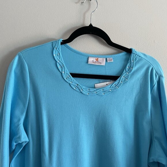 Quacker Factory Women L Blue Rhinestone Braided Sparkle 3/4 Sleeves T-Shirt NWT - Picture 4 of 10